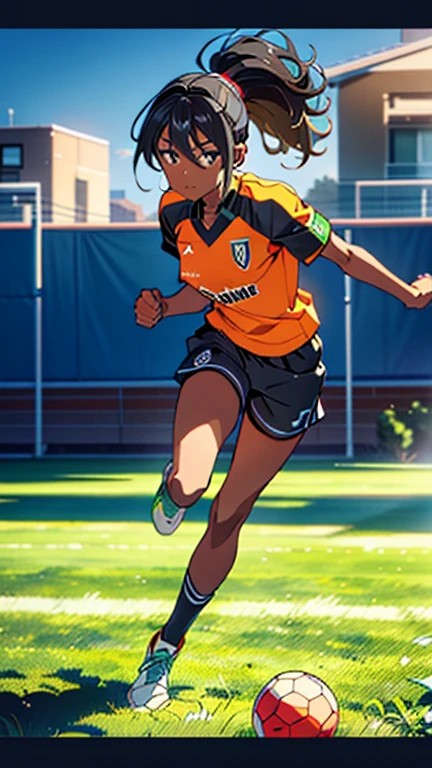 highly detailed, 8K, masterpiece, best quality, ((pretty ager ebony girl)), ((ebony skin)), ((black girl)), ((ebony girl)), ((black skin)), green eyes, ((black hair)), long hair, ponytail, orange soccer jersey, orange jersey kit, thin, ((full body scene)), ((full body)), ((full body angle)), pretty girl, (big-breasts:1), ((large chest)), running, running with ball, soccer ball, dribbling, dribbling with ball, soccer field (Ultra High Resolution: 1.2), (RAW Photo: 1.2)