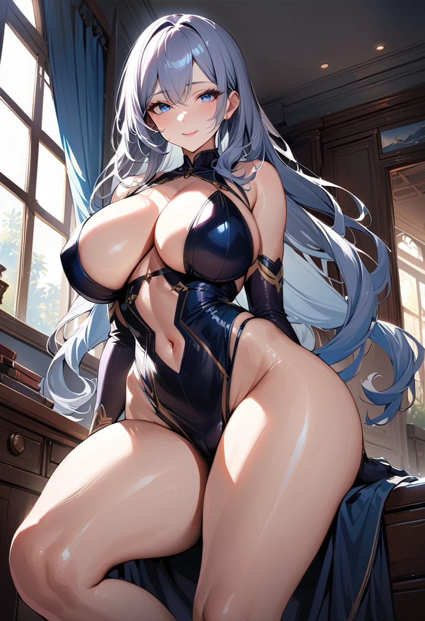 (best quality:1.2), 1 Girl, (masterpiece:1.2), (Semi-realistic:1.2), Ray Tracing, Extremely detailed,Delicate face, 8k wallpaper, Wide hips, 1 Girl, Gray hair, Large Breasts, Long hair, blue eyes, braided ponytails, Tights, Gloves, Smile, Shin Hak Harajin