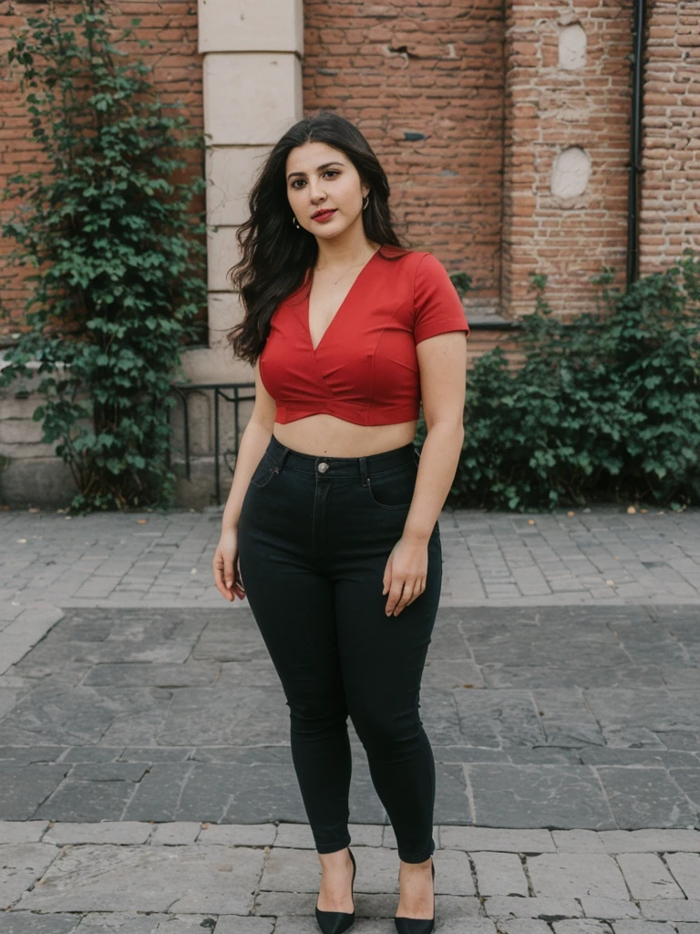 Caseyli, 1girl, solo, 30 years old, (((Georgian face))), (((Georgian nose))), (((Georgian lips))), ((((chubby)))), (((wide hips))), (((dark blonde hair))), wavy medium hair, wearing stylish Generation Z modern wear, ((Background: Red Square in Russia)), upper body and upper legs