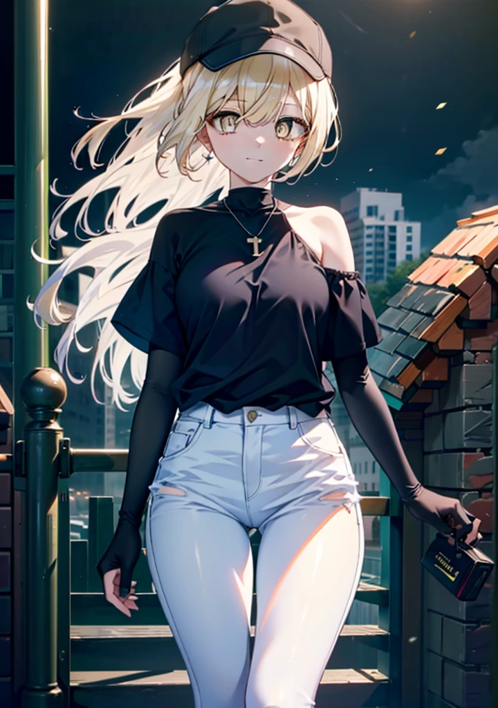 アイスWallenstein, Wallenstein, blonde, Hair between the eyes, Baseball hats, Long Hair, (Yellow Eyes:1.5),happy smile, smile, Shut your mouth.,smile,blush,Bare neck,Heart Necklace,Oversized blue one-shoulder shirt,Short sleeve,Skinny jeans,Stiletto heels,whole bodyがイラストに入るように,Walking,Daytime,Clear skies,　　　　　　　　　　　　　break looking at viewer,whole body, (Cowboy Shot:1. 5)　　　　　　　　　　break outdoors,Building district, 　　　　　　　　　　　break (masterpiece:1.2), Highest quality, High resolution, unity 8k wallpaper, (shape:0.8), (Beautiful and beautiful eyes:1.6), Highly detailed face, Perfect lighting, Extremely detailed CG, (Perfect hands, Perfect Anatomy),