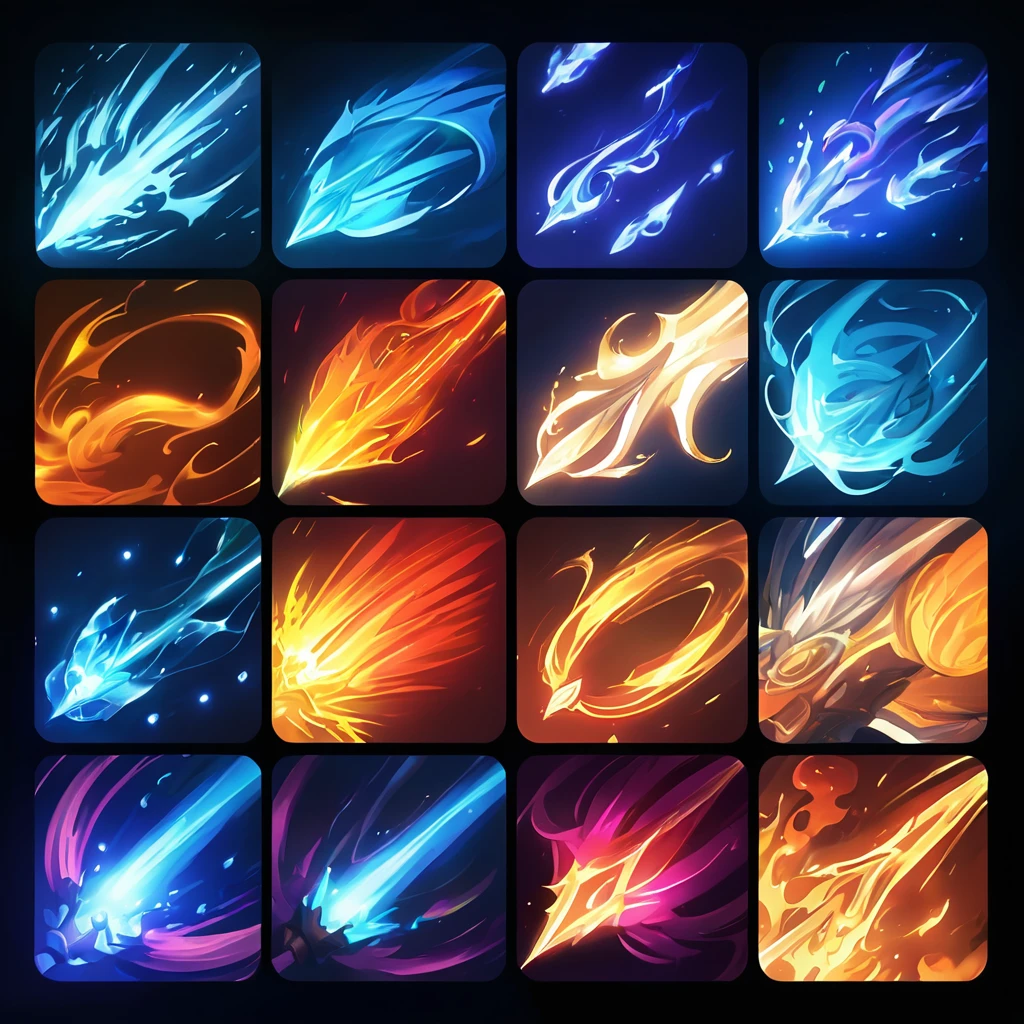 Close-up of a beam of different colored lights on a black background, Mysterious art style, Epic fantasy art style, fantasy game art style, Epic fantasy digital art style, League of Legends art style, Glowing energy effect, A set of high quality HD sprites, League of Legends style art, blue fire power, Detailed game art, Neon glowing spell