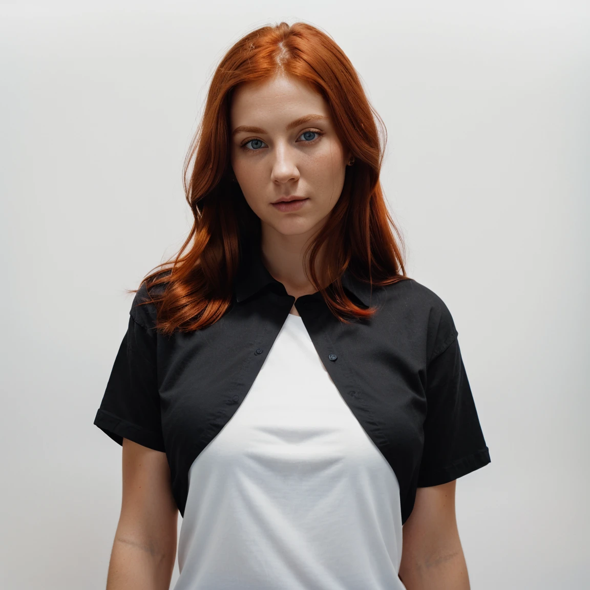 front view, looking at camera, RAW photo,((black shirt:1.2)), ((portrait)),beautiful red hair 30 years old woman, blue eyes, perfecteyes eyes, angelical face, well-behaved clothes ((white background:1.2)), studio lighting, high quality, film grain, Fujifilm XT3, centralized