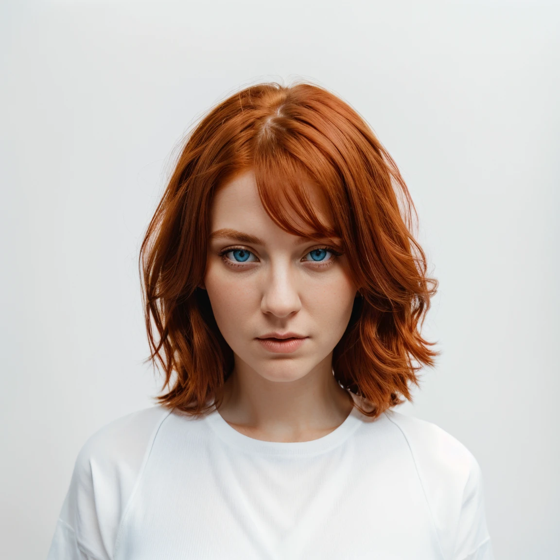 front view, looking at camera, RAW photo,((black shirt:1.2)), ((portrait)),beautiful red hair 30 years old woman, blue eyes, perfecteyes eyes, angelical face, well-behaved clothes ((white background:1.2)), studio lighting, high quality, film grain, Fujifilm XT3, centralized