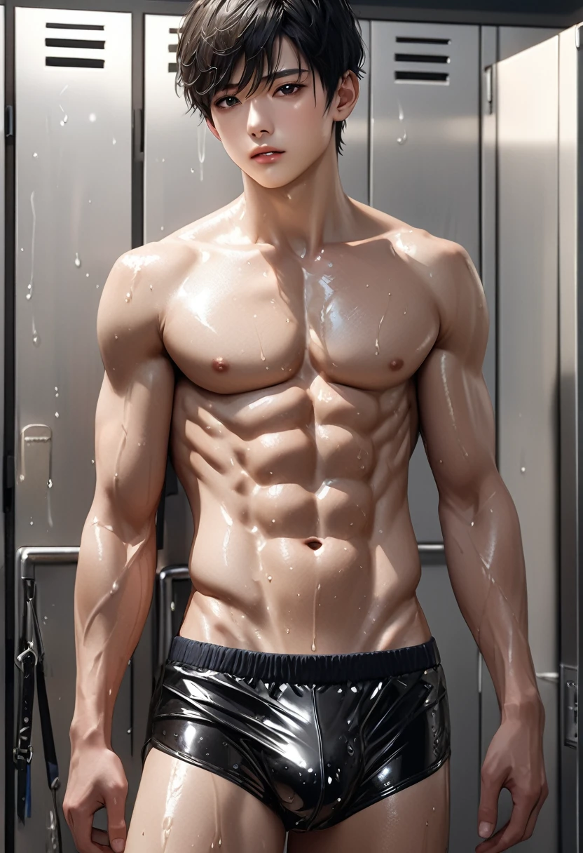 high quality, detailed, ( japanese school boy), (detailed black eyes), (black short hair), (abs:1.2), (shiny skin:1.3), black tiny thong, bulge,(detailed nipples), locker room, (best quality,4k,8k,highres,masterpiece:1.2),(realistic,photorealistic,photo-realistic:1.37), wet
