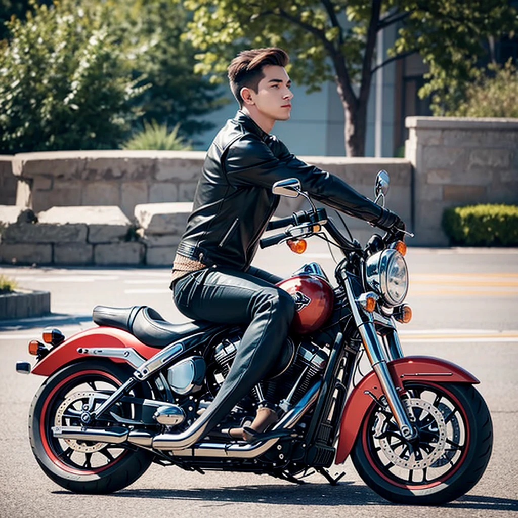 Side profile of a young man riding harley davidson
