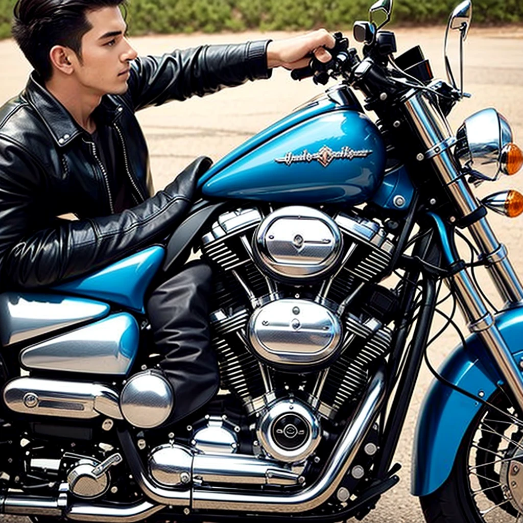 Side profile of a young man riding harley davidson