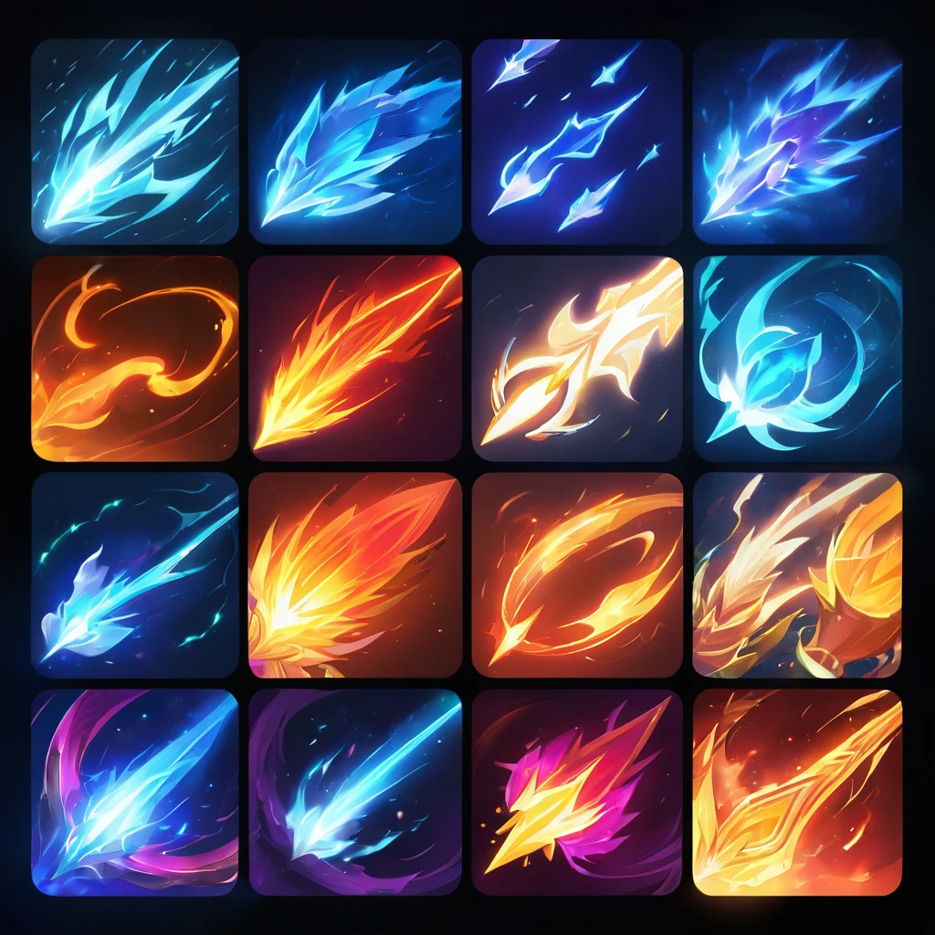 A grid of game skill ICONS, each depicting a different type of energy effect, such as LOL style fire and lightning. Each icon is designed with bright colors and dynamic shapes to represent various elements, such as sparks or swirls. The background shows a series of frames inspired by the game for easy display on the screen