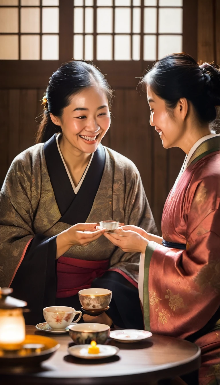 An Asian woman in her late 20s, gracefully smiling while handing a small gift to an elderly person. The scene is set in a cozy, traditional tea house with soft, warm lighting creating a serene and generous atmosphere. Her gentle demeanor and the warm exchange symbolize the principle of giving and receiving. The setting is intimate, with delicate decorations and a subtle film grain effect."