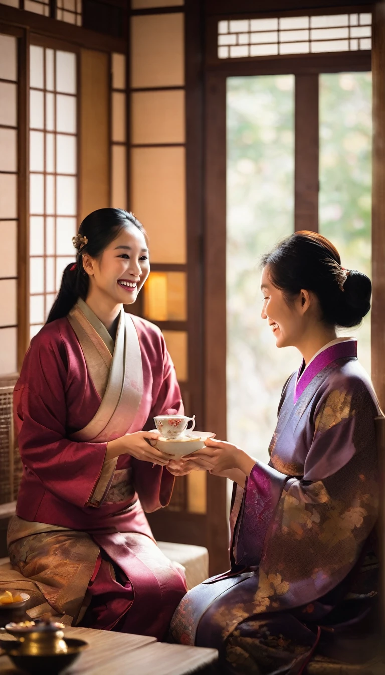 An Asian woman in her late 20s, gracefully smiling while handing a small gift to an elderly person. The scene is set in a cozy, traditional tea house with soft, warm lighting creating a serene and generous atmosphere. Her gentle demeanor and the warm exchange symbolize the principle of giving and receiving. The setting is intimate, with delicate decorations and a subtle film grain effect."