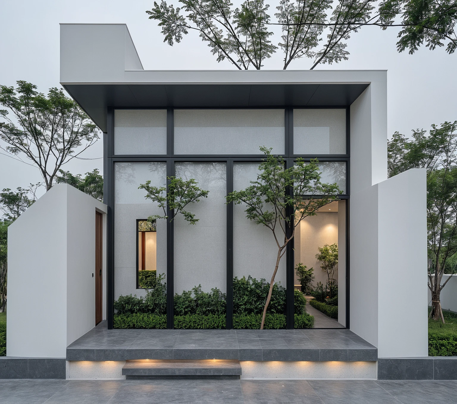 RAW photo, a photo of a modern house, (curvilinear archrchitecture:1.4), Wabisabi style rounded wall, white wall, steel black gate, sidewalk, sidewalk trees, ((grey gate:1.2)), road, viet nam modern residence, ((architectural shot)), rough white wall, new residential area, wide angle exterior 2022, contemporary house, exterior photography, masterpiece, contemporary architecture, overcast, indirect lighting