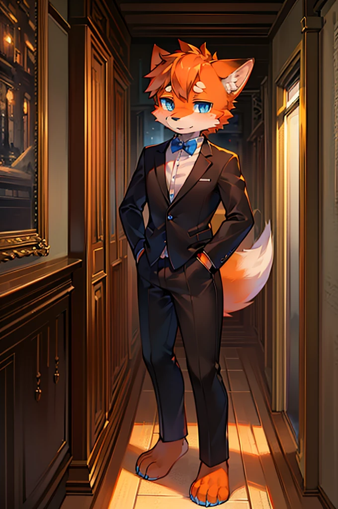 Normal scenario (Furry orange fox boy), Standing，Facing the camera， ((Melancholy， Detailed face, Clear big eyes，blue eyes，Meticulous attention to detail)), Natural and soft lighting, 8K, SF Express, Autumn Light , peaceful , (Fluffy Paws), Front view，Wearing a suit