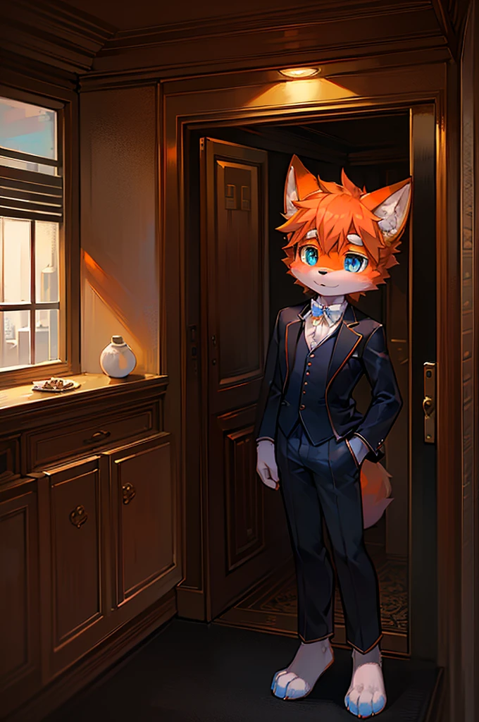 Normal scenario (Furry orange fox boy), Standing，Facing the camera， ((Melancholy， Detailed face, Clear big eyes，blue eyes，Meticulous attention to detail)), Natural and soft lighting, 8K, SF Express, Autumn Light , peaceful , (Fluffy Paws), Front view，Wearing a suit