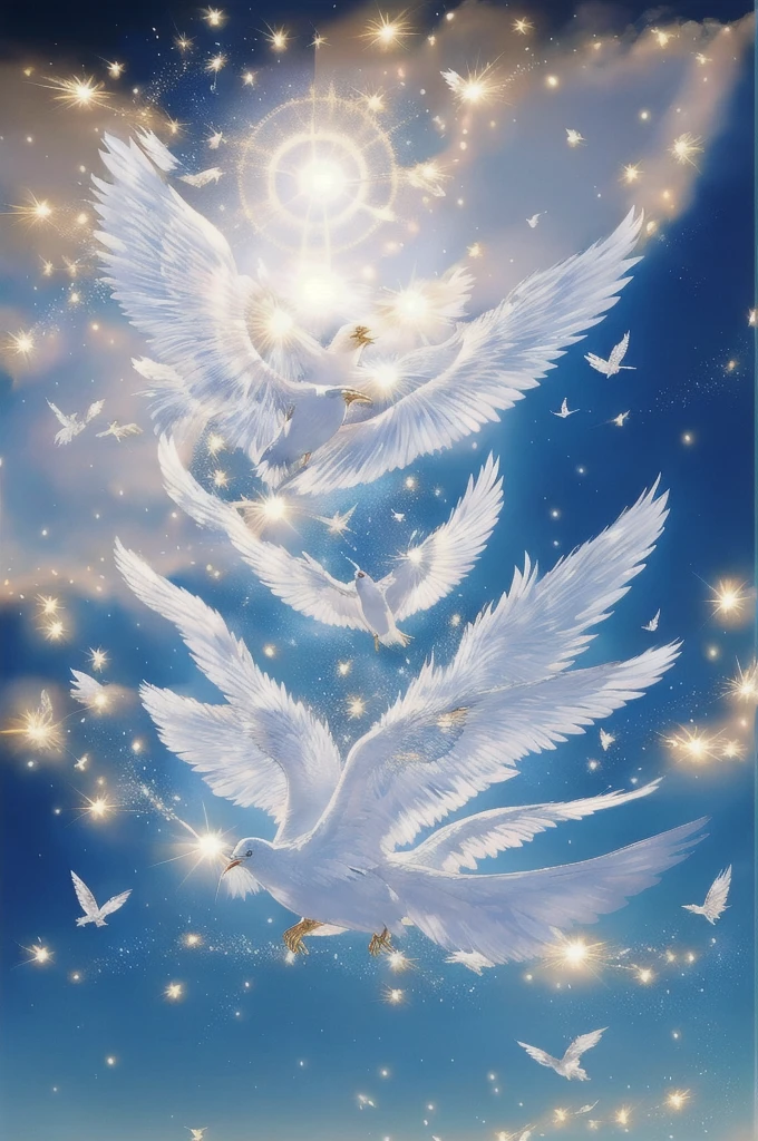 White phoenix、Large wings、Bright light、There is a lot of light overall、Big White Bird、Beautiful feathers、Flying Upwards、god々Shii、solo, Sparkle Effect, Daytime、sun、One animal、Yellow Background、Gold Background、優Shii光、眩Shii、delicate、