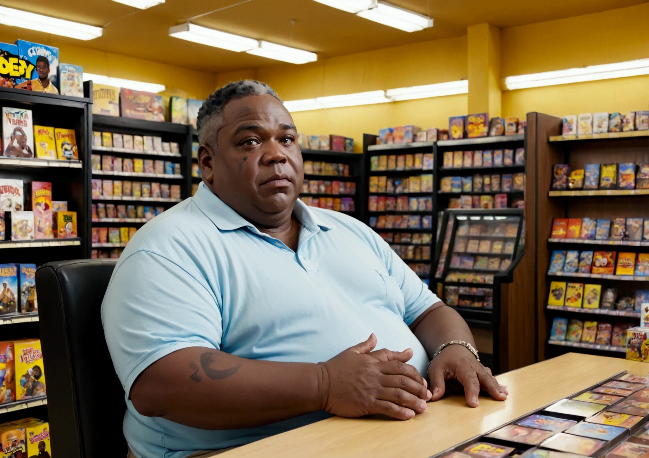 black man over 50,a little overweight, with vitiligo on the face, sitting in his game store, 3rd person view