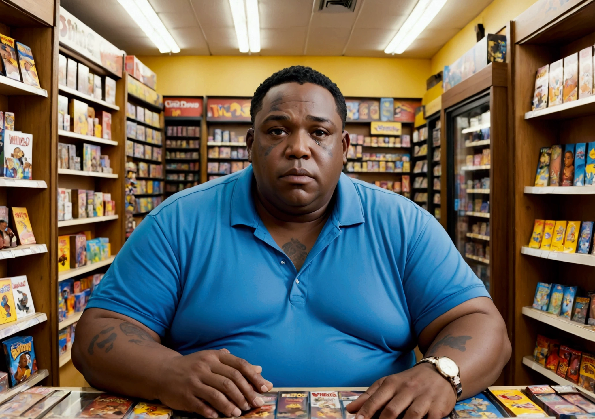 black man over 50,a little overweight, with vitiligo on the face, sitting in his game store, 3rd person view