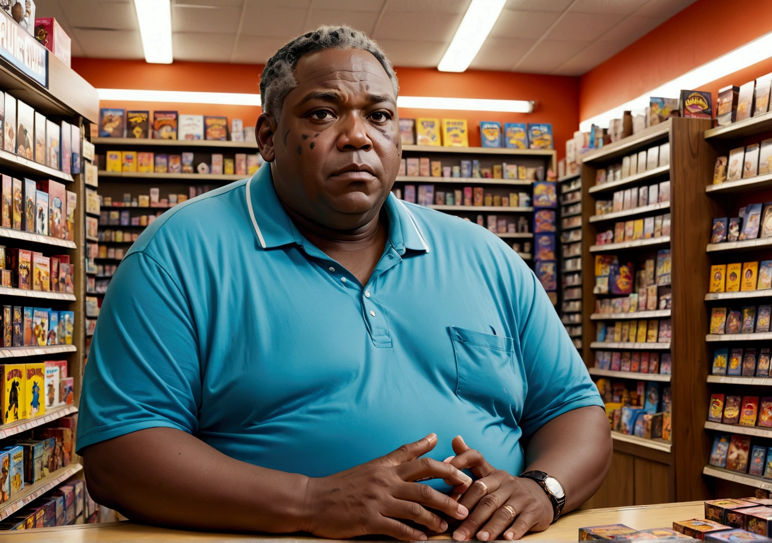 black man over 50,a little overweight, with vitiligo on the face, sitting in his game store, 3rd person view