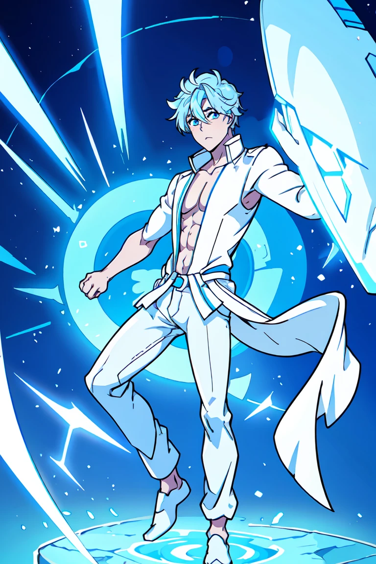 highly detailed, high quality, master piece, beautiful, light blue hair, very short hair, white open ripped jacket, shirtless, baggy white pants, blue shiny eyes,background, young man, full body, (full general shot)