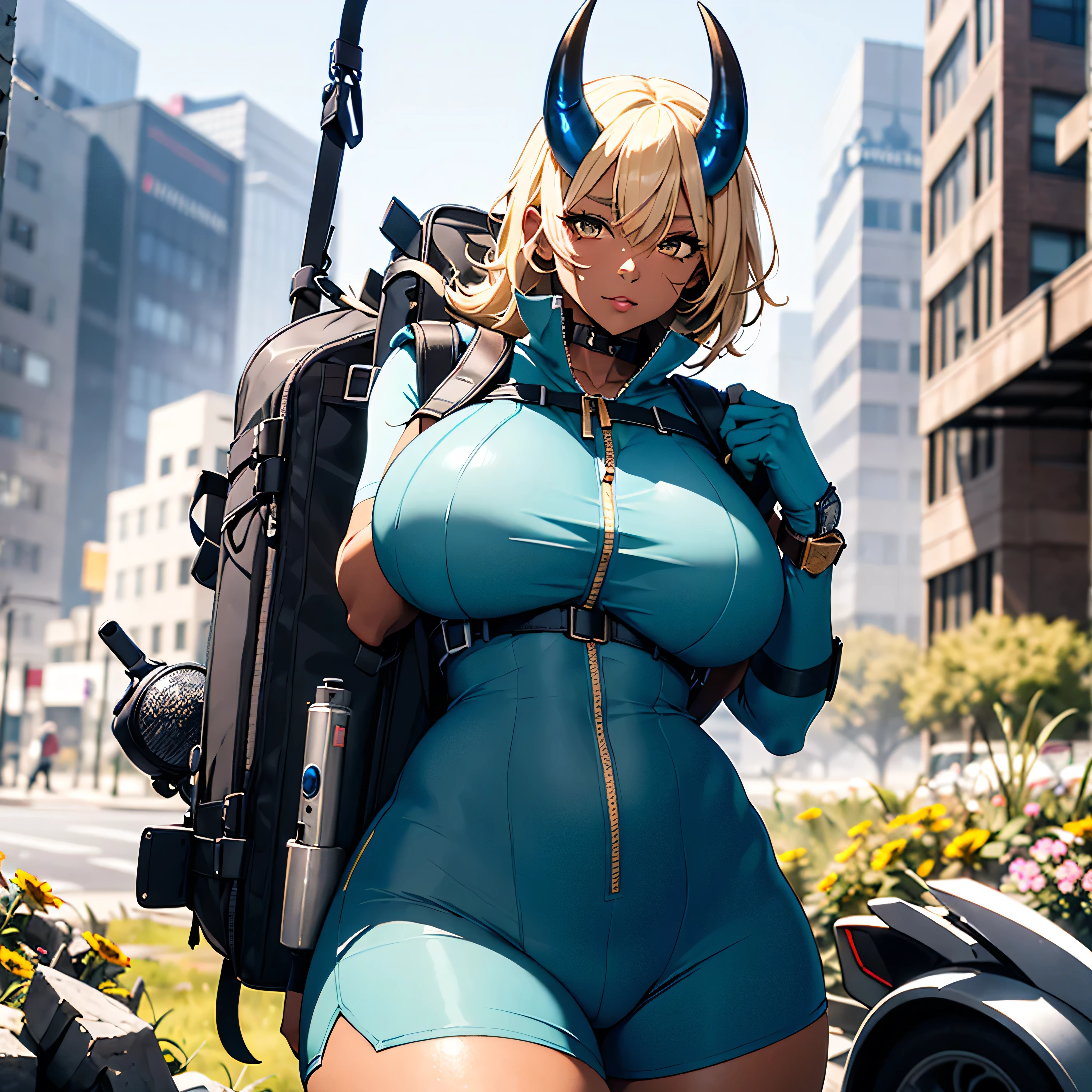 ((best quality)), ((masterpiece)), (detailed), 1girl, 8k_wallpaper, extremely detailed eyes, extremely detailed body, beautiful face, perfect face, detailed ((blonde hair)), (gold eyes), (( big blue horns)), {{dark skin}}, ({dark skinned female}), gigantic breasts, thick thighs, strong arm and leg muscles, strong abdominal muscles, Korean girl, dressed in a blue polto with rolled up sleeves, in heavy steel armor of silver color, on a wide red leather belt with gold yarn, hanging a military radio, leather tight shorts, leather gloves with radars and watches, a holster with a pistol hanging on her hip, a large hiking backpack, standing next to a red sci-fi SUV against the backdrop of flowers growing in the grass and a destroyed city,