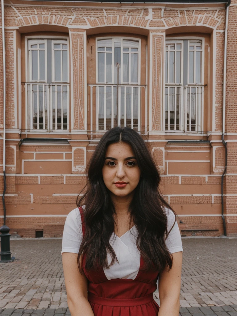 Caseyli, 1girl, solo, 30 years old, (((Georgian face))), (((Georgian nose))), (((Georgian lips))), ((((chubby)))), (((wide hips))), (((dark blonde hair))), wavy medium hair, wearing stylish Generation Z modern wear, ((Background: indoor Red Square in Russia)), upper body and upper legs