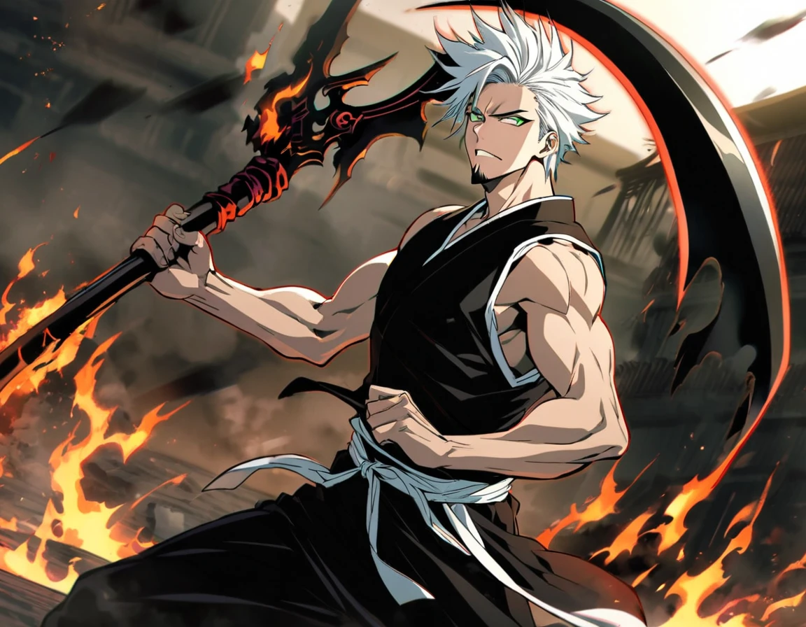 1 boy, male focus, Intricate details, 1 man, handsome, white hair, vibrant green eyes, slim muscles, アニメ, 19 years old, 19 years old, a small goatee, Shinigami kimono, Shinigami, bleach style, bleach, Tank top, kimono , bleach, bleach style (black kimono), (the character would be releasing all his power on the battlefield, using your scythe launching negative flames at your opponents, leaving the entire battlefield in black flames)
