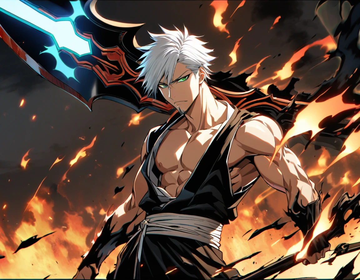1 boy, male focus, Intricate details, 1 man, handsome, white hair, vibrant green eyes, slim muscles, アニメ, 19 years old, 19 years old, a small goatee, Shinigami kimono, Shinigami, bleach style, bleach, Tank top, kimono , bleach, bleach style (black kimono), (the character would be releasing all his power on the battlefield, using your scythe launching negative flames at your opponents, leaving the entire battlefield in black flames)