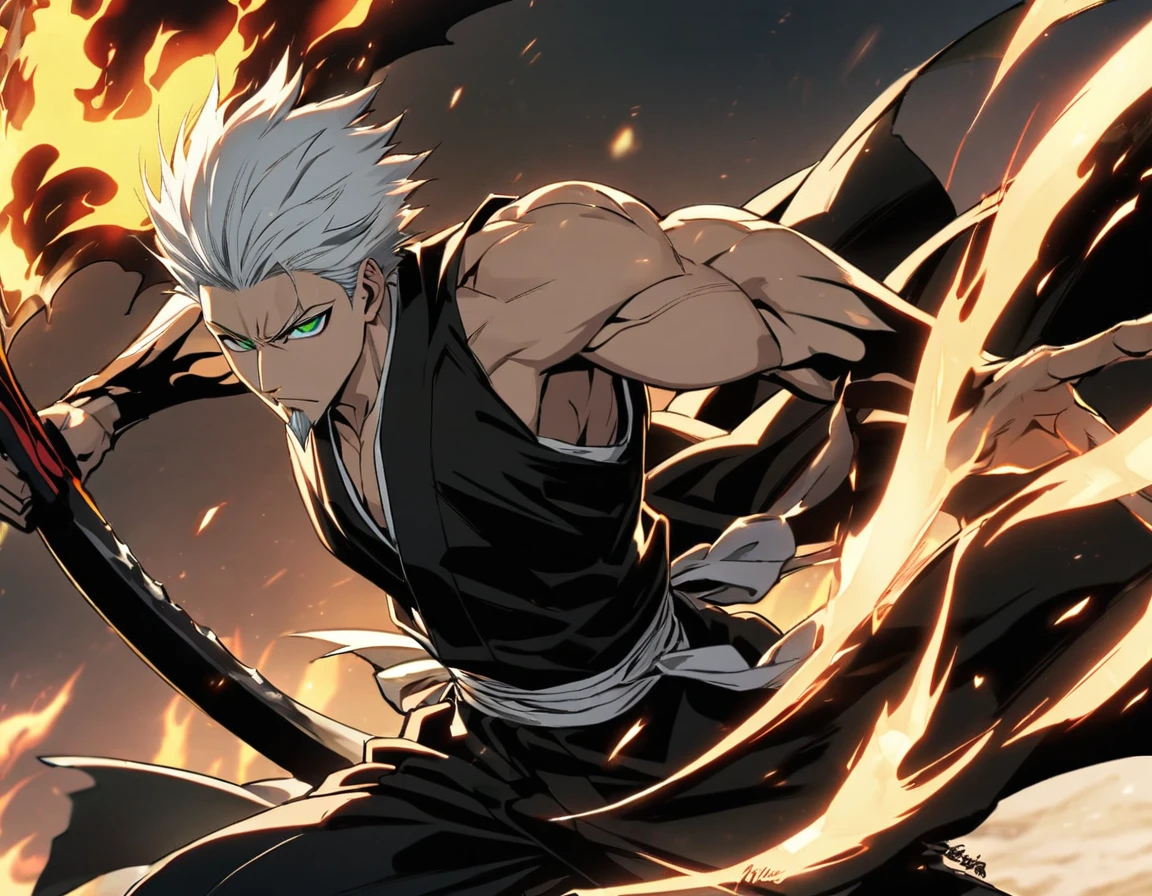 1 boy, male focus, Intricate details, 1 man, handsome, white hair, vibrant green eyes, slim muscles, アニメ, 19 years old, 19 years old, a small goatee, Shinigami kimono, Shinigami, bleach style, bleach, Tank top, kimono , bleach, bleach style (black kimono), (the character would be releasing all his power on the battlefield, using your scythe launching negative flames at your opponents, leaving the entire battlefield in black flames)