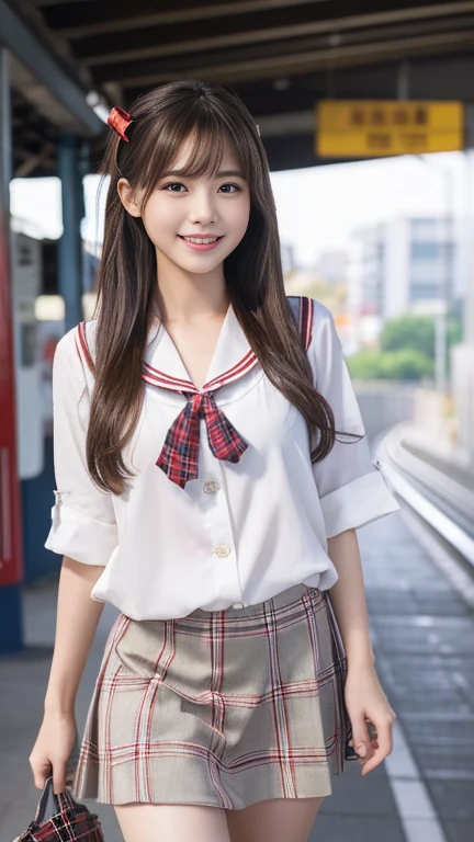 High resolution, RAW Photos, Realistic, Very delicate and beautiful, Very detailed, In detail, Very detailed CG unity 8k wallpaper, Very detailedな, (Highest quality, 8k, 32K, masterpiece, 超High resolution:1.2), cute japanese model pictures, ＪＫ , High ,(White Sailor Suit 1),Tartan Check Skirt, Tartan check tie, Beautiful Face, Downward,Long one-length long hair, smile, Walking on the station platform, Surreal, １６Year,Young and cute gravure idol,Duck-faced,teeth, pork, Thighs,smile,View your audience,Red ribbon on head,150cm,thin,