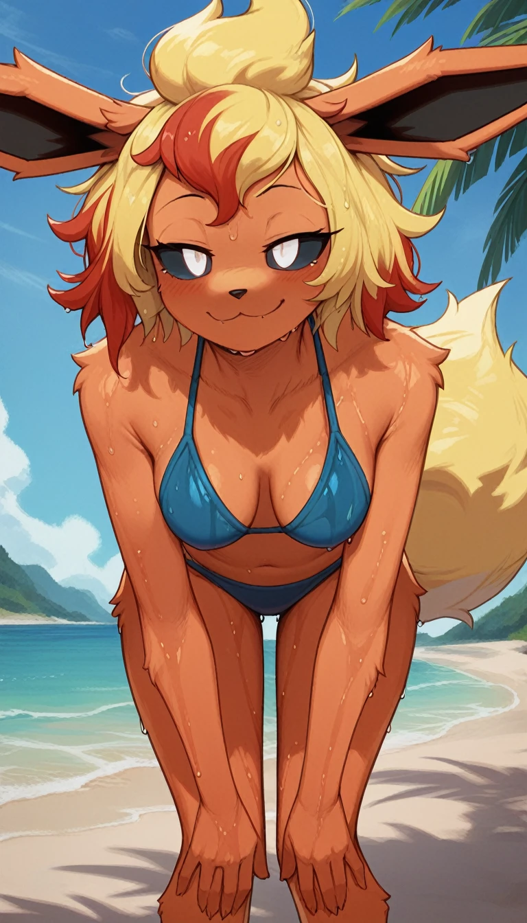 Excited expression, 1girl, anthro, furry, fur, fluffy fur, flareon girl, yellow hair (red highlights), black sclera, white eyes, short hair, Messy hair, (19 years), medium breast, thicc thighs, solo, (beach), detailed, smug smile, blue bikini, (sweating), bent over, her hands on her thighs, (wet hair), (wet body), half-closed eyes, score_9, score_8_up, score_7_up, score_6_up, score_5_up, score_4_up
