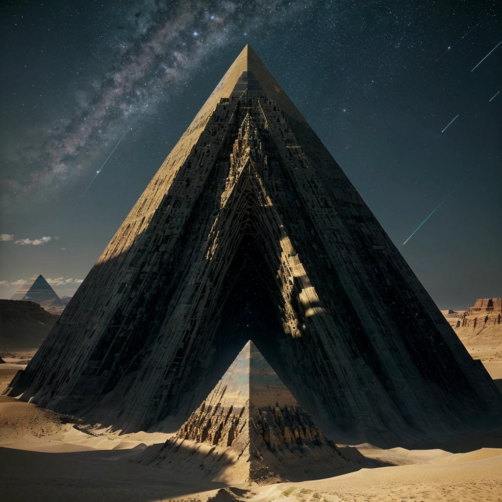 a closeup of a pyramid in the desert with a star in the sky, Beeple y Jean Giraud, DMT Waves, ancient megastructure pyramid, cosmic energy cables, Infinite quantum waves, lighting tripping on dmt, galactic temple, Beeple and Mike Winkelmann, dmt temple, por Mike Winkelmann, Foreground a vast desert with beautiful dunes which have different sizes, some larger than others, These look like fine, soft sand., It seems that they are moved by a delicate wind, plays with the shadows that they cast. From the camera angle it appears to be a first-person shot., Well, it is from the visual perspective as if I were looking straight at the entire scene., From that angle you can see a straight translucent path of different colors that makes its way through the middle of the desert.. This translucent path of colors takes the viewer to a colossal pyramid that is in full radiance., This pyramid has a particular shape since from the front it can be seen that it has many steps that lead to what appears to be a flat base and that it has a large statuette carved in stone of two intertwined snakes that form the figure of human DNA.. This landscape is wrapped in a night atmosphere where the observable sky is illuminated by stars and nebulas of beautiful colors., which means that the landscape was from a very early period in that place. The image details are impressive, It seems like a landscape out of this time and plane, something incredible for what has always been seen by human beings.