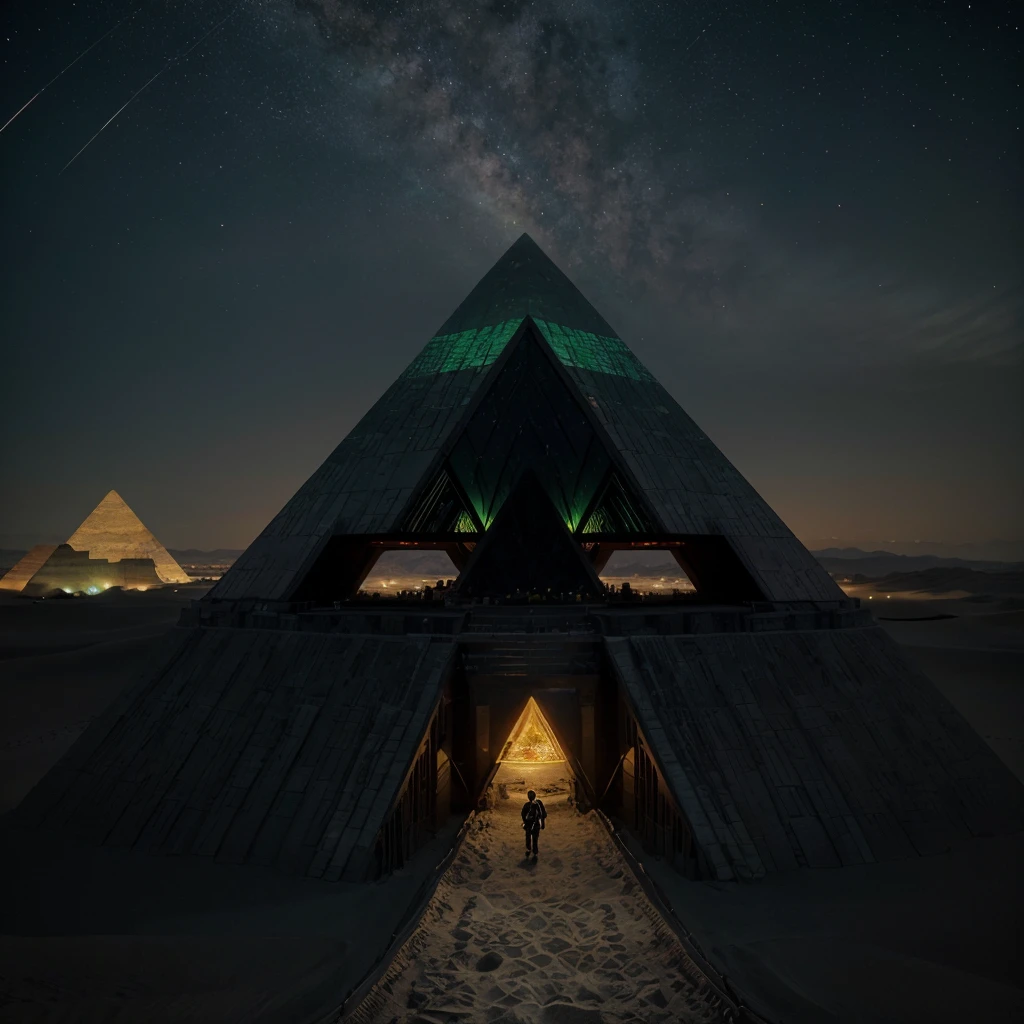 a closeup of a pyramid in the desert with a star in the sky, Beeple y Jean Giraud, DMT Waves, ancient megastructure pyramid, cosmic energy cables, Infinite quantum waves, lighting tripping on dmt, galactic temple, Beeple and Mike Winkelmann, dmt temple, por Mike Winkelmann, Foreground a vast desert with beautiful dunes which have different sizes, some larger than others, These look like fine, soft sand., It seems that they are moved by a delicate wind, plays with the shadows that they cast. From the camera angle it appears to be a first-person shot., Well, it is from the visual perspective as if I were looking straight at the entire scene., From that angle you can see a straight translucent path of different colors that makes its way through the middle of the desert.. This translucent path of colors takes the viewer to a colossal pyramid that is in full radiance., This pyramid has a particular shape since from the front it can be seen that it has many steps that lead to what appears to be a flat base and that it has a large statuette carved in stone of two intertwined snakes that form the figure of human DNA.. This landscape is wrapped in a night atmosphere where the observable sky is illuminated by stars and nebulas of beautiful colors., which means that the landscape was from a very early period in that place. The image details are impressive, It seems like a landscape out of this time and plane, something incredible for what has always been seen by human beings.