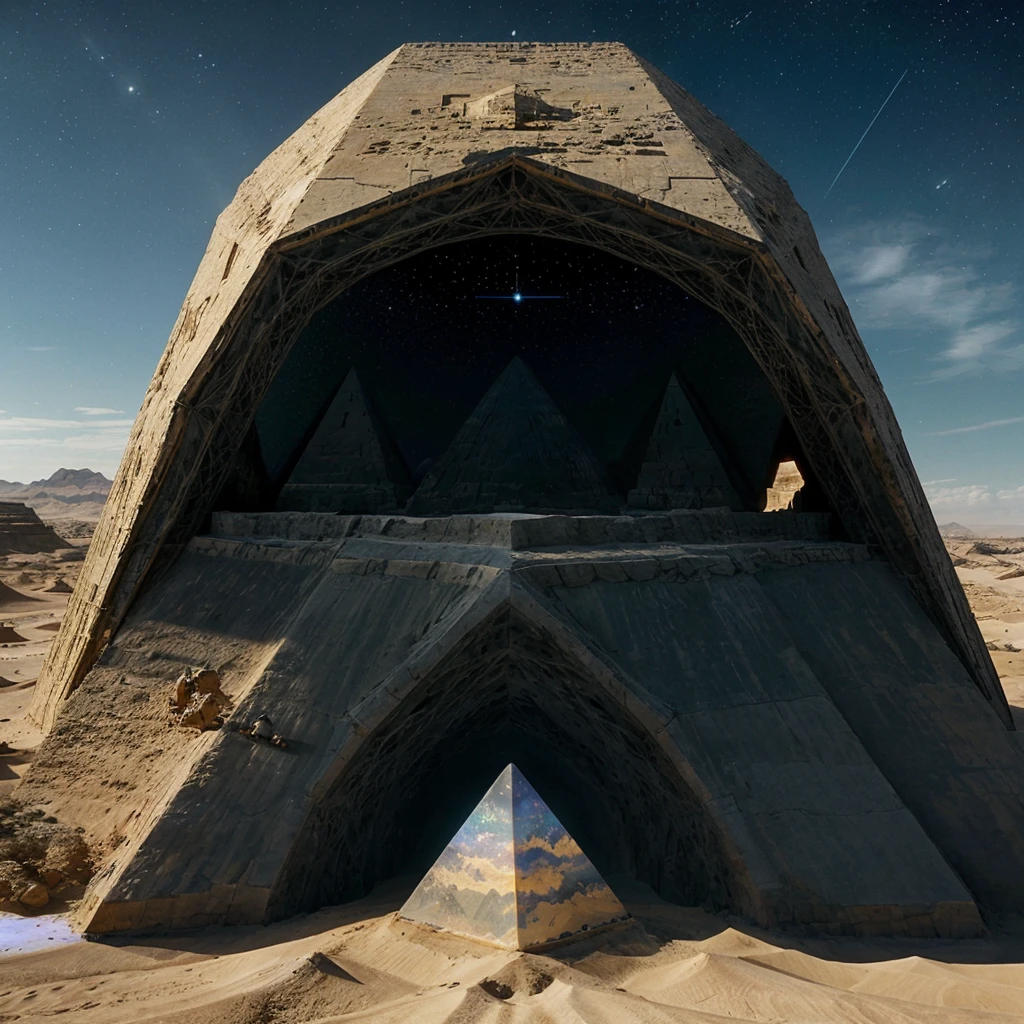 a closeup of a pyramid in the desert with a star in the sky, Beeple y Jean Giraud, DMT Waves, ancient megastructure pyramid, cosmic energy cables, Infinite quantum waves, lighting tripping on dmt, galactic temple, Beeple and Mike Winkelmann, dmt temple, por Mike Winkelmann, Foreground a vast desert with beautiful dunes which have different sizes, some larger than others, These look like fine, soft sand., It seems that they are moved by a delicate wind, plays with the shadows that they cast. From the camera angle it appears to be a first-person shot., Well, it is from the visual perspective as if I were looking straight at the entire scene., From that angle you can see a straight translucent path of different colors that makes its way through the middle of the desert.. This translucent path of colors takes the viewer to a colossal pyramid that is in full radiance., This pyramid has a particular shape since from the front it can be seen that it has many steps that lead to what appears to be a flat base and that it has a large statuette carved in stone of two intertwined snakes that form the figure of human DNA.. This landscape is wrapped in a night atmosphere where the observable sky is illuminated by stars and nebulas of beautiful colors., which means that the landscape was from a very early period in that place. The image details are impressive, It seems like a landscape out of this time and plane, something incredible for what has always been seen by human beings.