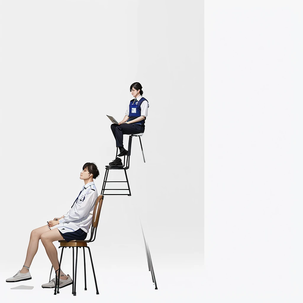 A person sitting on a chair in the painting，红色线是security guard大叔的姿态，Feet on the chair，security guard，Guard