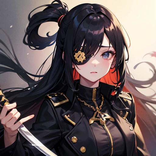 Eye patch on one eye,Cartoon of a woman wearing a black coat and black trousers, Employable personality, Inspired by Le Chevalier, anime, Moe, Art Style, Cytus and Deemo Style, anime風キャラクター,One Girl,((One eye is normal,Eye patch on one eye,black eye,Scars on face,Holding a sword,Long black hair,))