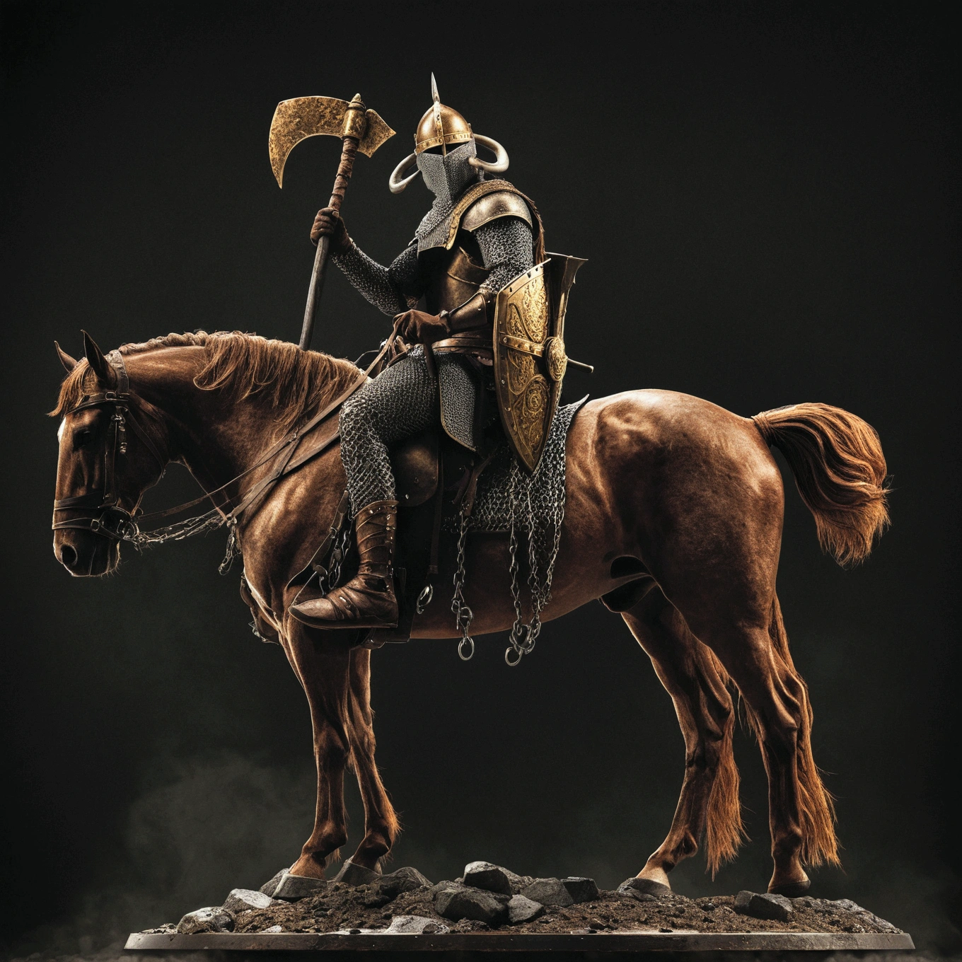 warrior riding a sinister black steed, man wearing chain mail and chainmail pants, carrying a curved war ax, according to a heavy war shield, wearing a steel elgo with horns, Bronze Armor. gold details on the horse's accessories: image ultra realistic, detailed and colorful