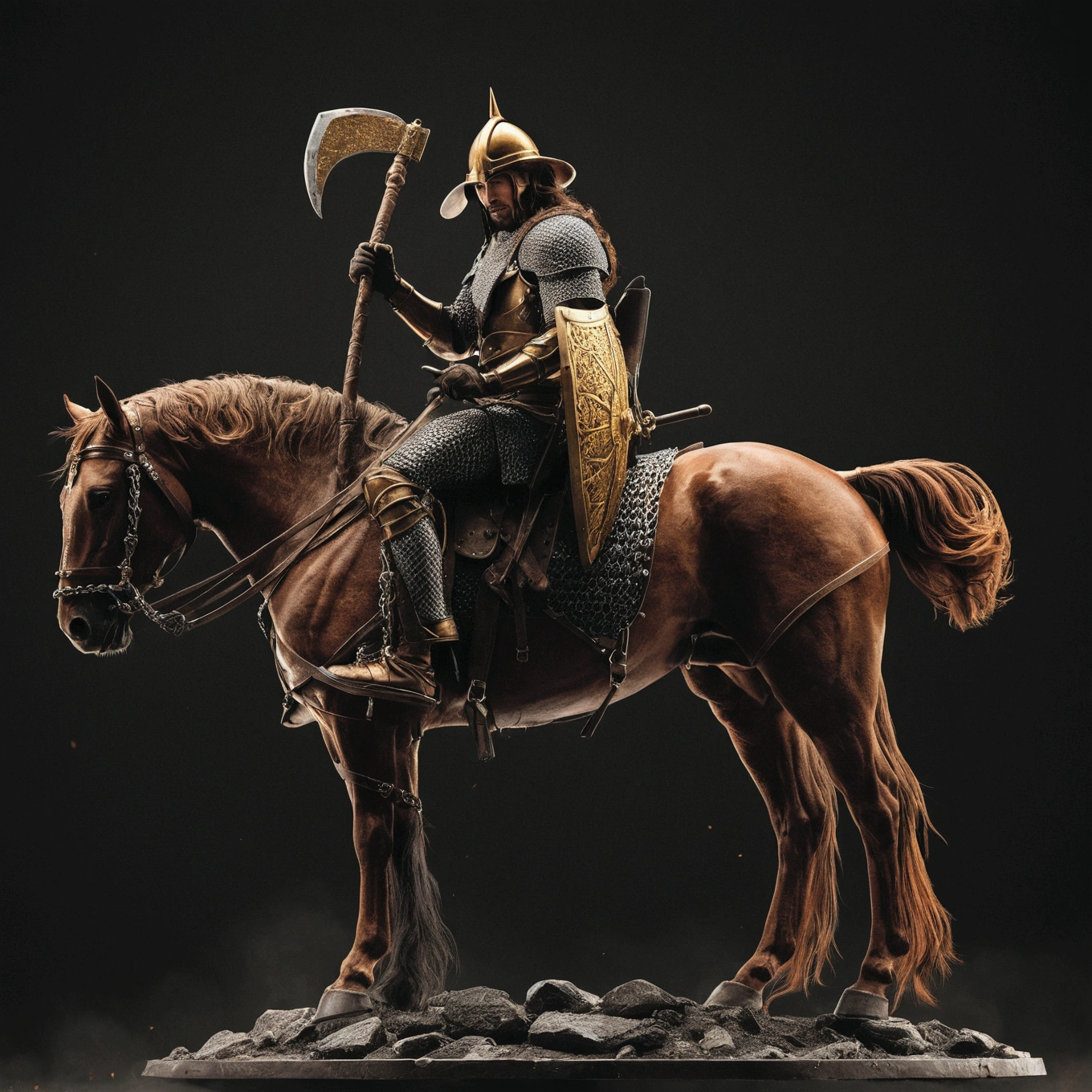warrior riding a sinister black steed, man wearing chain mail and chainmail pants, carrying a curved war ax, according to a heavy war shield, wearing a steel elgo with horns, Bronze Armor. gold details on the horse&#39;s accessories: image ultra realistic, detailed and colorful