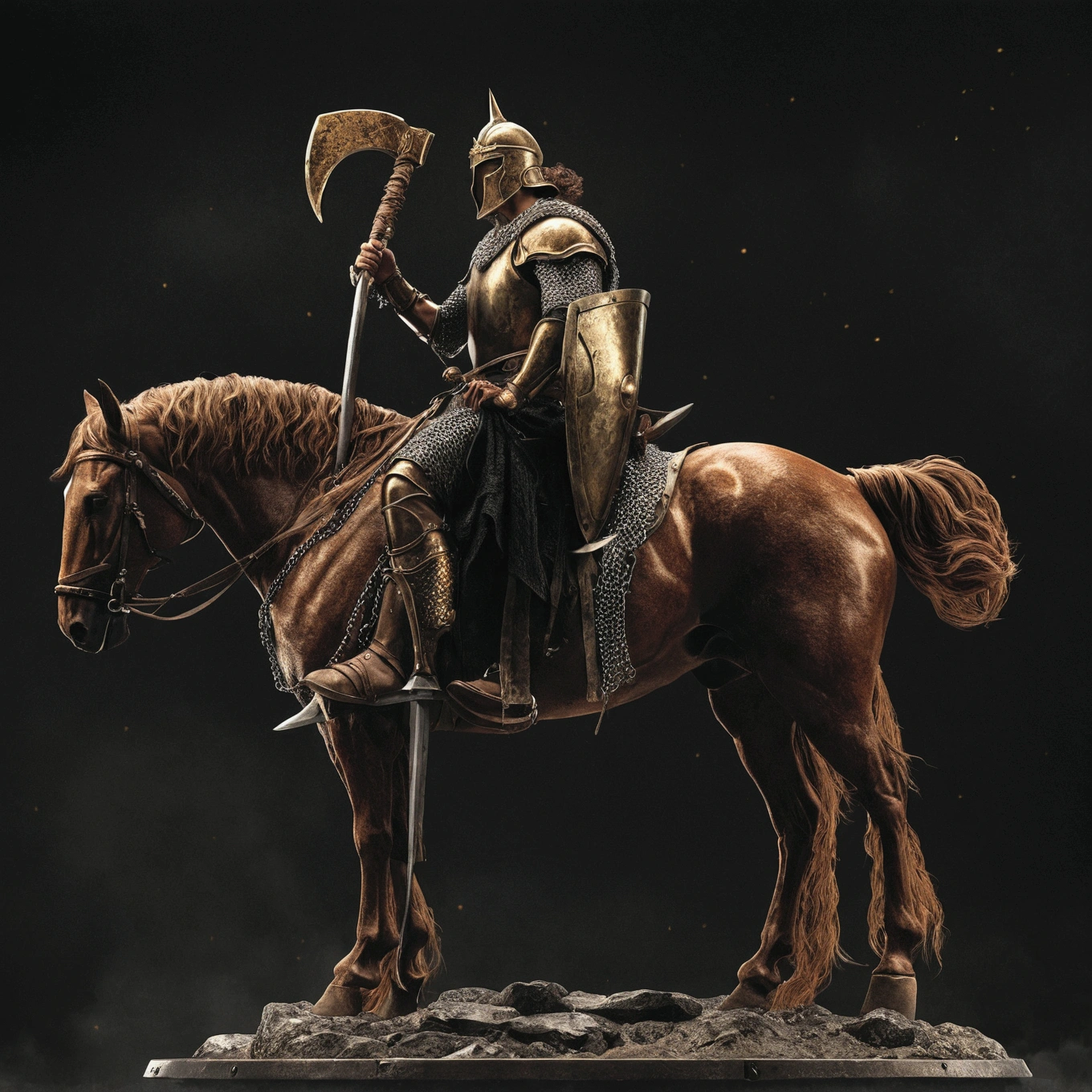 warrior riding a sinister black steed, man wearing chain mail and chainmail pants, carrying a curved war ax, according to a heavy war shield, wearing a steel elgo with horns, Bronze Armor. gold details on the horse's accessories: image ultra realistic, detailed and colorful