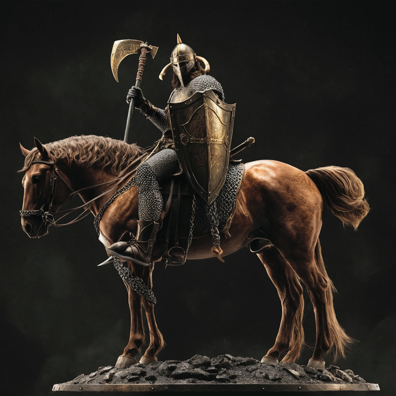 warrior riding a sinister black steed, man wearing chain mail and chainmail pants, carrying a curved war ax, according to a heavy war shield, wearing a steel elgo with horns, Bronze Armor. gold details on the horse's accessories: image ultra realistic, detailed and colorful