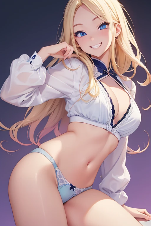 Realistic、1house wife、blonde hair、blue eyes、(eye focus:1.3,face focus),(gradient eyes:1.3),(sexy panties
)、open mouth,(grin:1.3),forehead,cute face、finger to mouth,((大きなお尻))