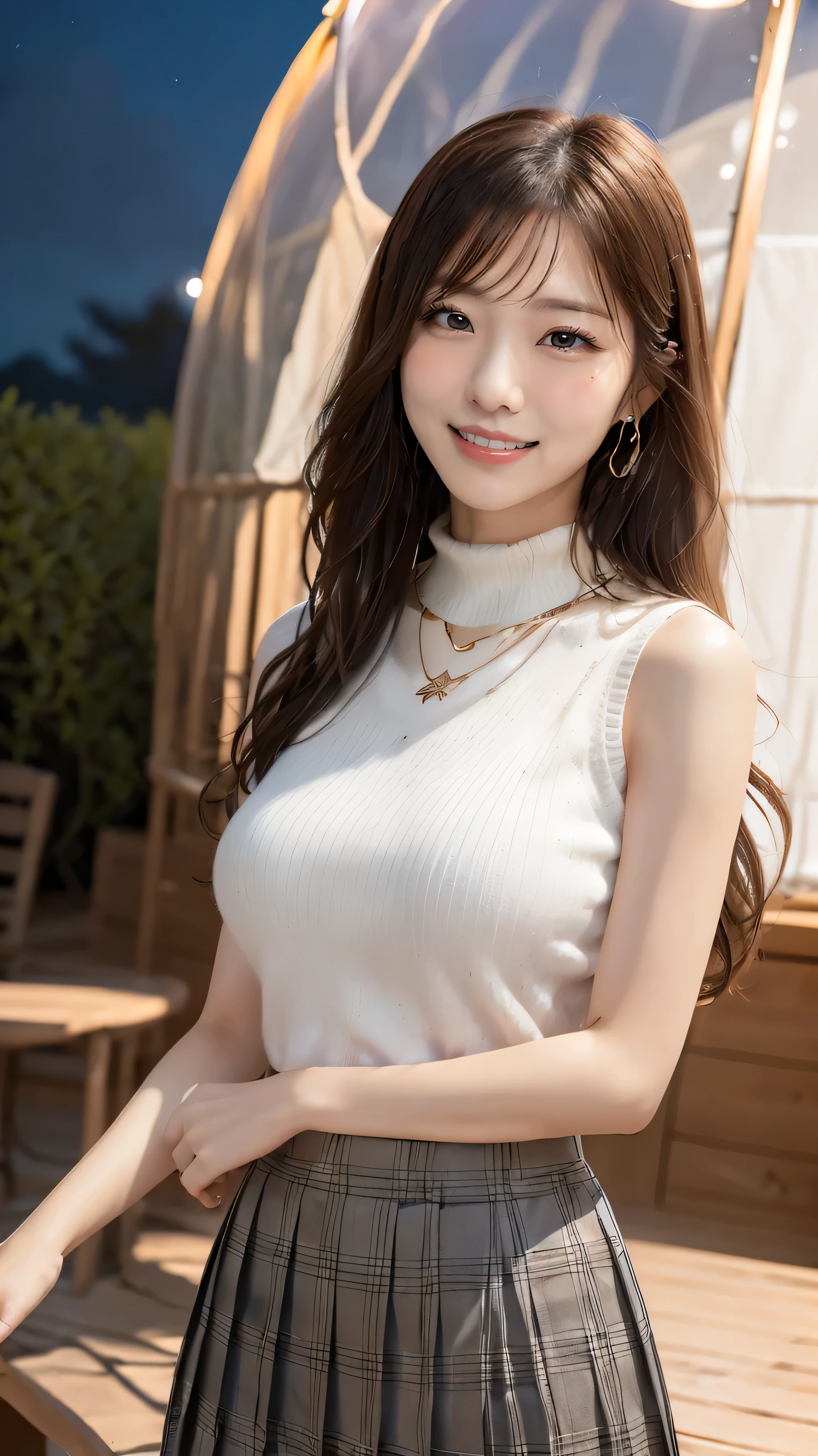 (((1girl:1.3))), ((23yo:1.3)), (she is my waif), 
BREAK 
(surprised smile:1.2), 
((medium large breasts:1.3)), (Accentuated breasts:1.3, film breasts, nicely shaped breasts:1.1, perfect body), 
BREAK 
(neat fashion:1.3), (white-theme:1.3), (sleeveless sweater with high-neck:1.3), ((gold necklace:1.2))
BREAK 
pleated skirt((color : blue + silver) with high waist, (Pattern : plaid)):1.3), 
BREAK 
(standing leaning against the rails(color : white) in wooden deck(Outdoor, Open-minded) of Glamping Tent ((luxurious-theme, Transparent dome tent, fantastic atmosphere, fantastic lighting, transparent dome tent surrounded by nature)):1.3), ((long shot:1.5)), ((at night:1.7)), 
BREAK 
((Please create a photo that conveys her serious expression and the sense of realism at the happily moment she is relaxing:1.3)),
BREAK 
(faded photo:1.3), (film grain:1.3), depth of field, (bokeh:1.1), (light and shadow:1.4),
((Cowboy shot:1.2)), ((from below:1.2)), ((Focus on her:1.2)), 