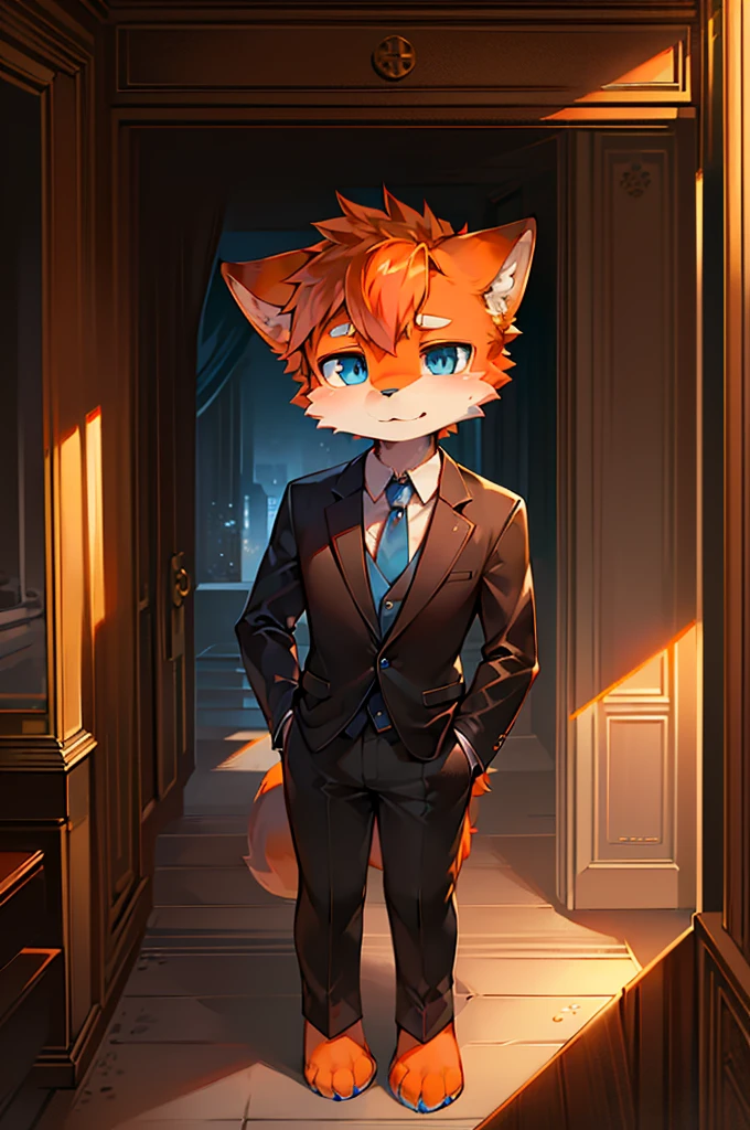 Normal scenario (Furry orange fox boy), Standing，Facing the camera， ((Melancholy， Detailed face, Clear big eyes，blue eyes，Meticulous attention to detail)), Natural and soft lighting, 8K, SF Express, Autumn Light , peaceful , (Fluffy Paws), Front view，Wearing a suit