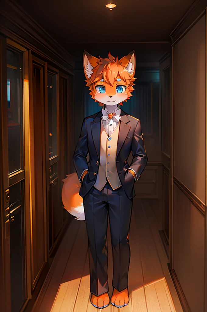 Normal scenario (Furry orange fox boy), Standing,Facing the camera, ((Melancholy, Detailed face, Clear big eyes,blue eyes,Meticulous attention to detail)), Natural and soft lighting, 8K, SF Express, Autumn Light , peaceful , (Fluffy Paws), Front view,Wearing a suit