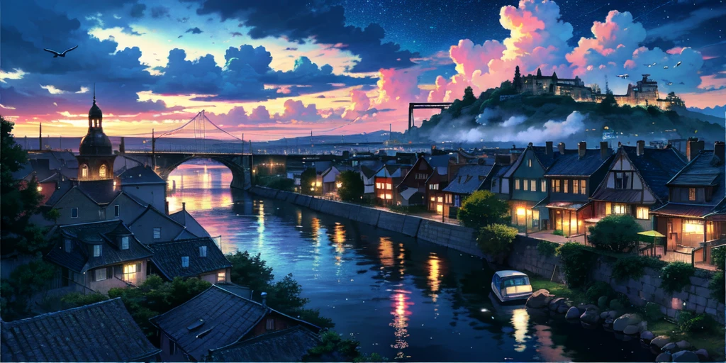 The river runs through the town,The river water has dots of colorful light,cloudy,Bluish,Birds fly over the town