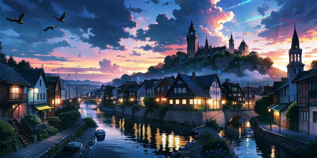 The river runs through the town,The river water has dots of colorful light,cloudy,Bluish,Birds fly over the town