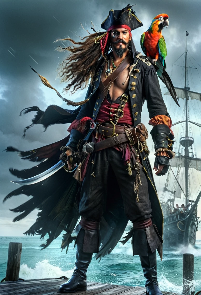 pirate with parrot on his shoulder standing on a pier, swashbuckler class pirate, pirate captain, pirate portrait, bald male swashbuckler, a pirate, pirate, black beard, swashbuckler, by Arthur Pan, pirate themed, pirate captain, by James Gurney, ( pirate with a hat), pirates, pirate sword in his arms