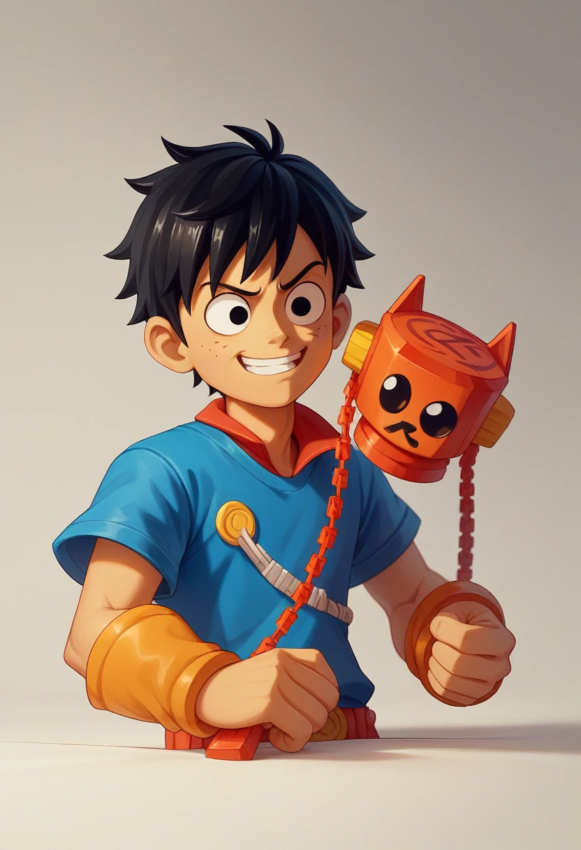 create an image of A 3D render of LEGO Luffy with excellent lighting, low detail. The scene features a well-lit background, emphasizing the LEGO figure's shape and features in a simplistic style