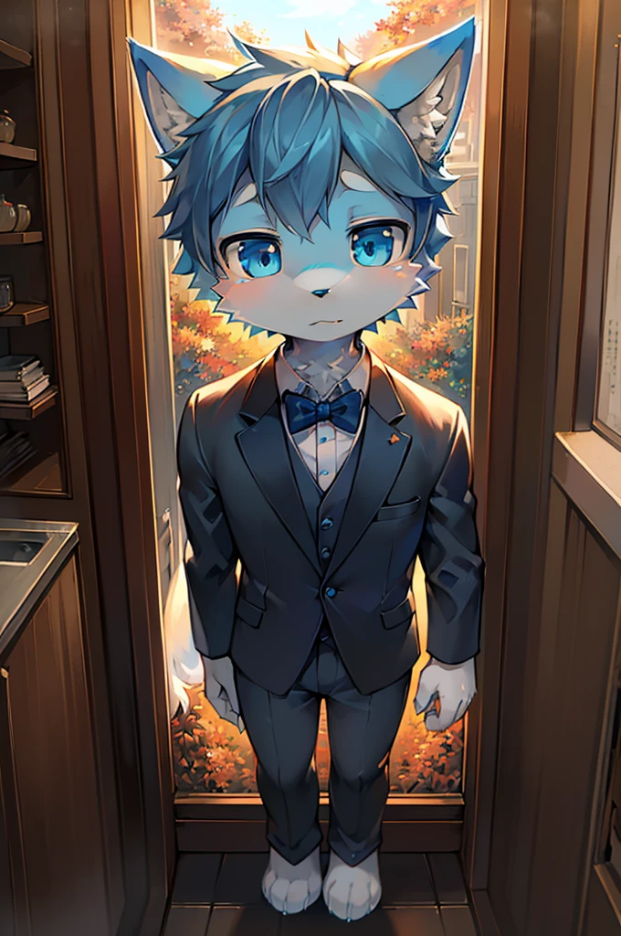 Normal scenario (Furry light blue fox boy), Standing,Facing the camera, ((Melancholy, Detailed face, Clear big eyes,blue eyes,Meticulous attention to detail)), Natural and soft lighting, 8K, SF Express, Autumn Light , peaceful , (Fluffy Paws), Front view,Wearing a suit
