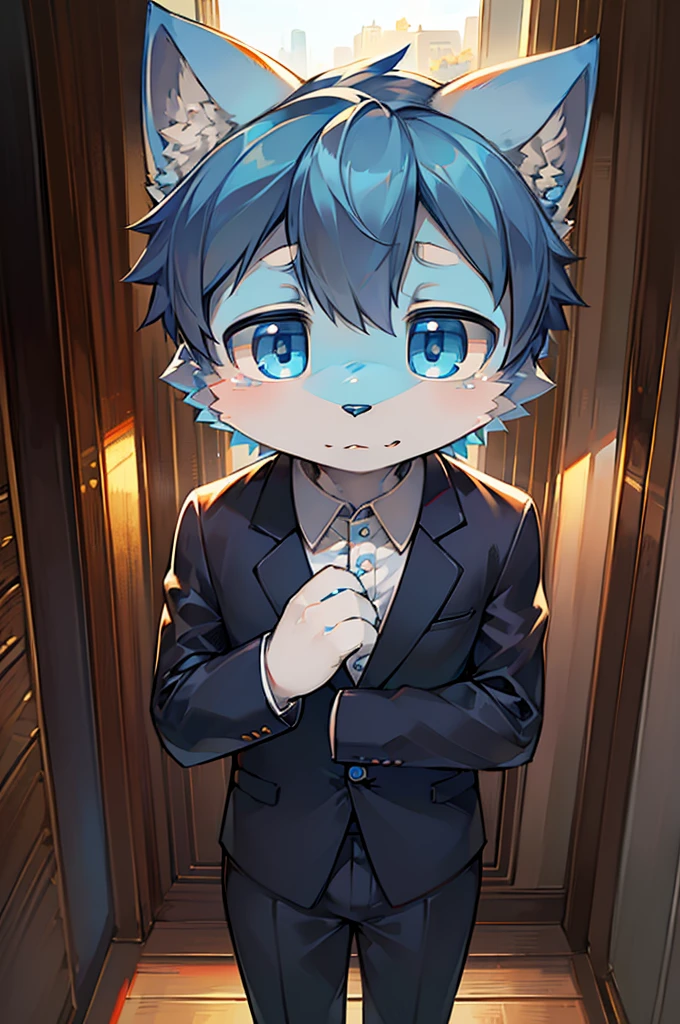 Normal scenario (Furry light blue fox boy), Standing，Facing the camera， ((Melancholy， Detailed face, Clear big eyes，blue eyes，Meticulous attention to detail)), Natural and soft lighting, 8K, SF Express, Autumn Light , peaceful , (Fluffy Paws), Front view，Wearing a suit