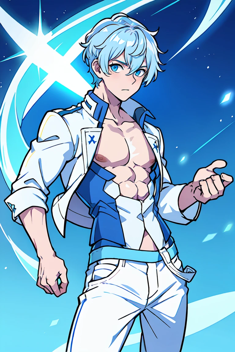1boy, solo, promo art, by mika pikazo, masterpiece, broad shoulders, medium hair, superhero costume, white hair, monk, looking at viewer, waterfall, mountain, natural background, toned, abs, chiaroscuro lighting, dramatic lighting, volumetric lighting, hyper-detailed, cinematic, heroic pose