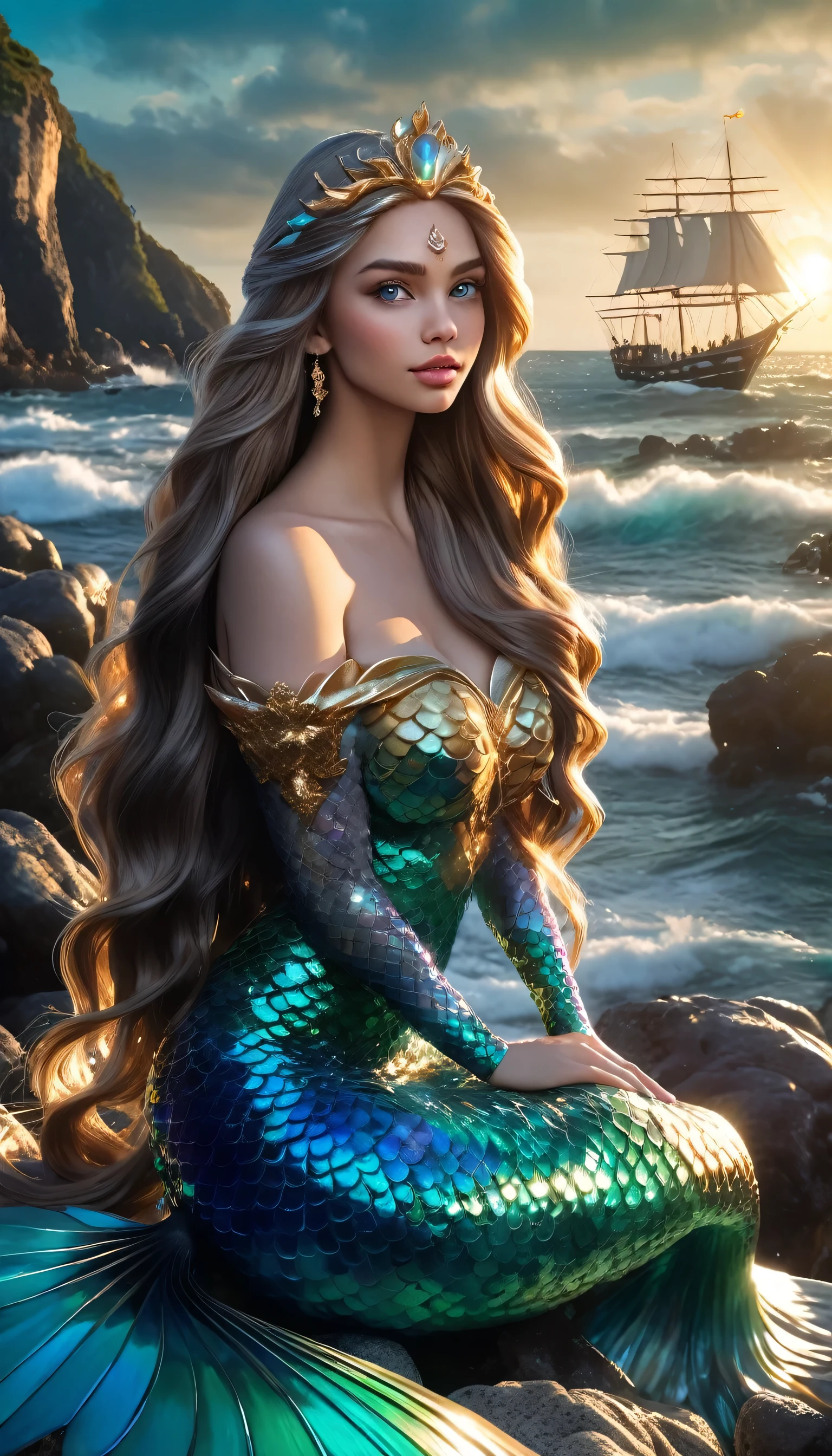 a beautiful mermaid princess sitting on the rocky shore, Long flowing hair, detailed facial features, mesmerizing eyes, elegant pose, sunlight shining on your skin, serene expression, other mermaids around you, stunning detailed ocean landscape, Sailboat in the distance, dramatic lighting, swirly vibrant colors, cinematic angle, photorrealistic, 8k, work of art