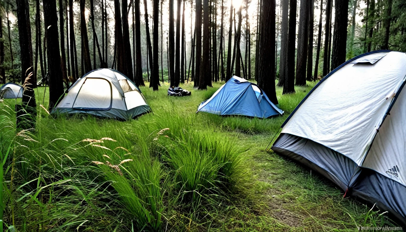 forest area with tall grass on the ground between the trees. There are two camping tents set up in the tall grass. It's late afternoon, and the sky is getting darker, creating a tense atmosphere. The trees are thick, and the shadows are getting longer, heightening the suspense. The scene captures the feeling of anticipation as night approaches."